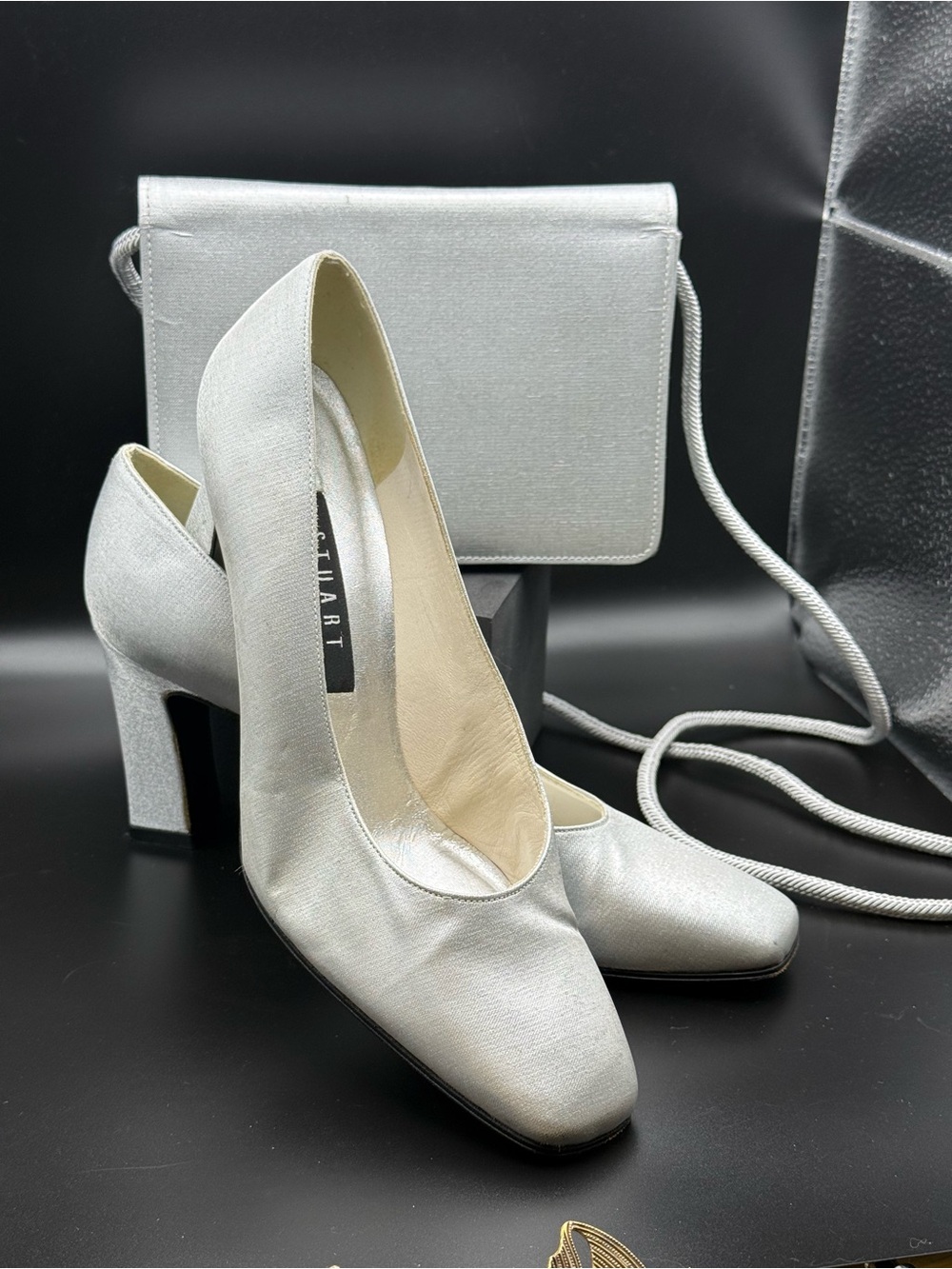 Vintage Stuart Weitzman Silver Metallic Block Heels & Evening Bag Set - Picture 2 of 16